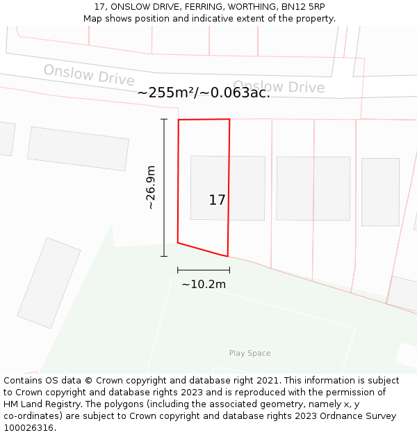 17, ONSLOW DRIVE, FERRING, WORTHING, BN12 5RP: Plot and title map