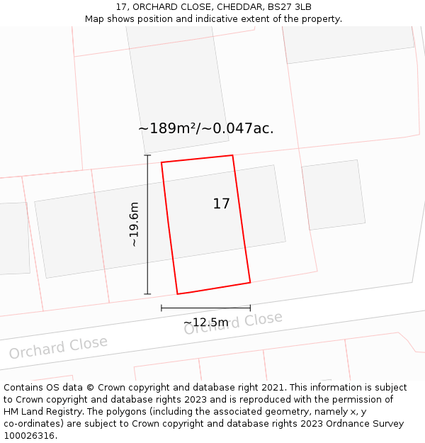 17, ORCHARD CLOSE, CHEDDAR, BS27 3LB: Plot and title map