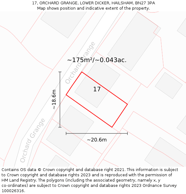 17, ORCHARD GRANGE, LOWER DICKER, HAILSHAM, BN27 3PA: Plot and title map