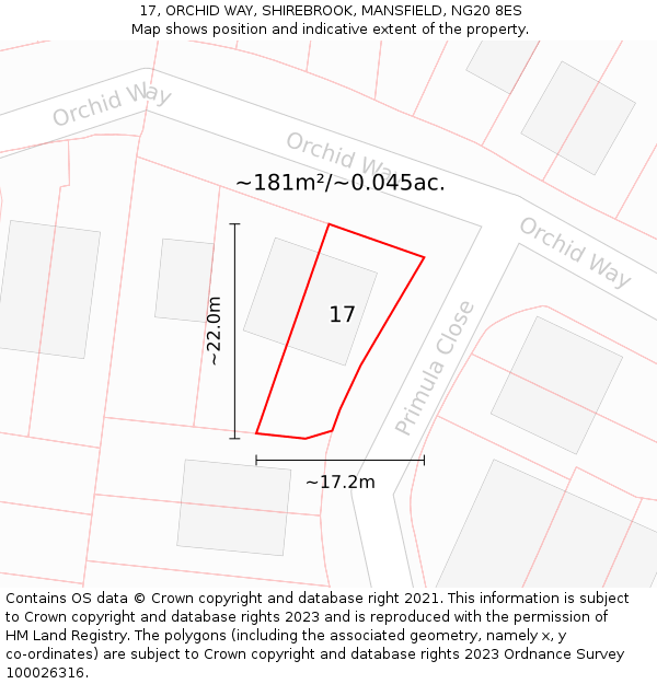 17, ORCHID WAY, SHIREBROOK, MANSFIELD, NG20 8ES: Plot and title map