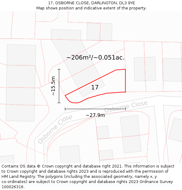 17, OSBORNE CLOSE, DARLINGTON, DL3 9YE: Plot and title map