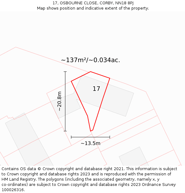17, OSBOURNE CLOSE, CORBY, NN18 8PJ: Plot and title map