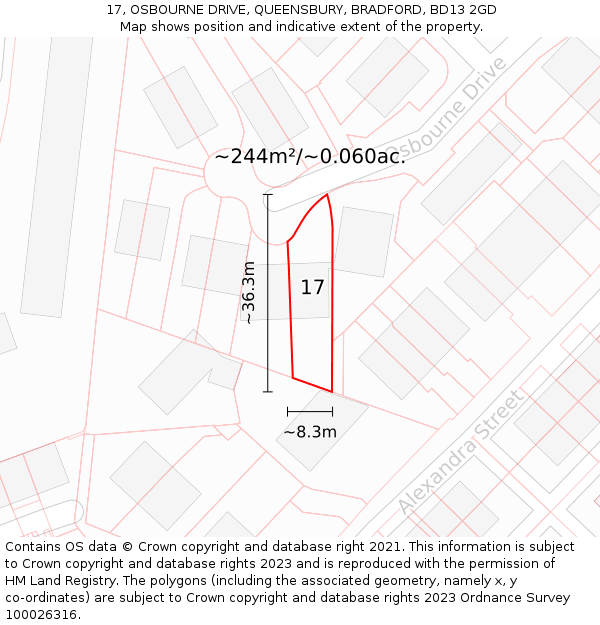17, OSBOURNE DRIVE, QUEENSBURY, BRADFORD, BD13 2GD: Plot and title map