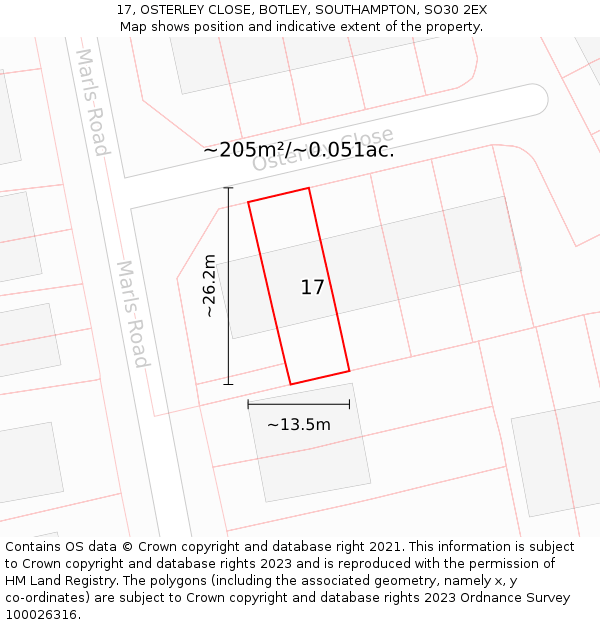 17, OSTERLEY CLOSE, BOTLEY, SOUTHAMPTON, SO30 2EX: Plot and title map