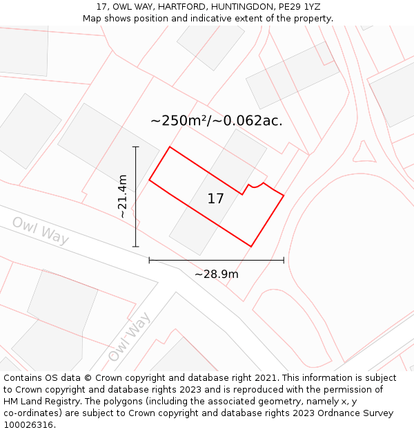 17, OWL WAY, HARTFORD, HUNTINGDON, PE29 1YZ: Plot and title map
