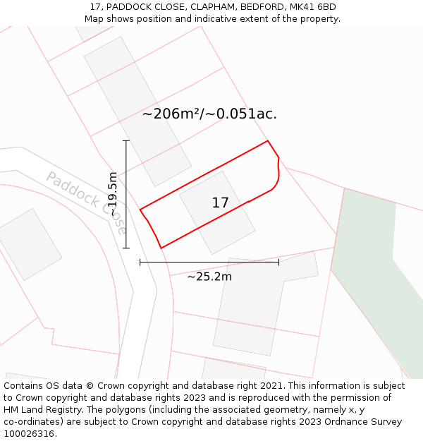 17, PADDOCK CLOSE, CLAPHAM, BEDFORD, MK41 6BD: Plot and title map