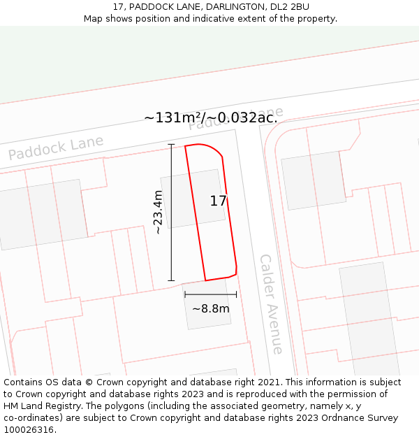 17, PADDOCK LANE, DARLINGTON, DL2 2BU: Plot and title map