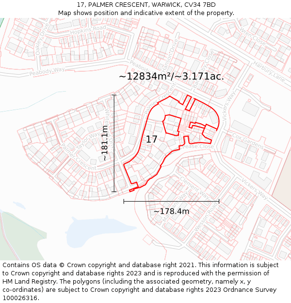 17, PALMER CRESCENT, WARWICK, CV34 7BD: Plot and title map