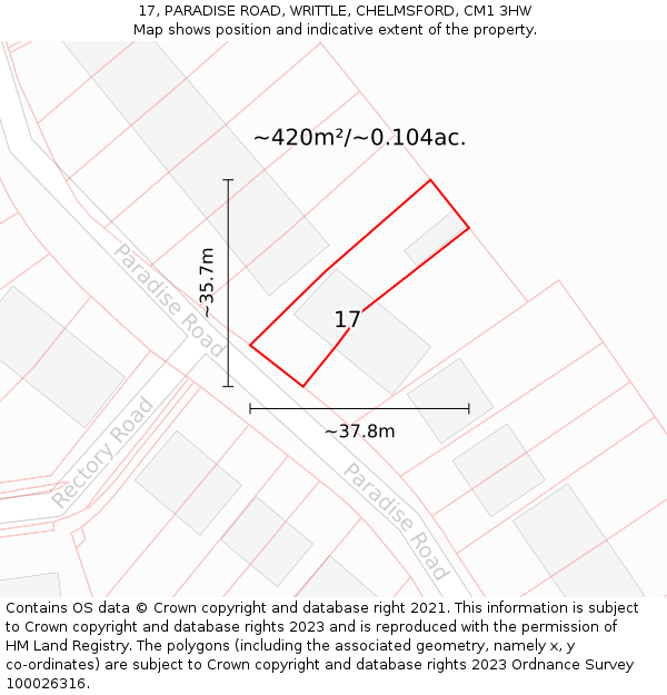 17, PARADISE ROAD, WRITTLE, CHELMSFORD, CM1 3HW: Plot and title map