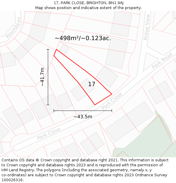 17, PARK CLOSE, BRIGHTON, BN1 9AJ: Plot and title map