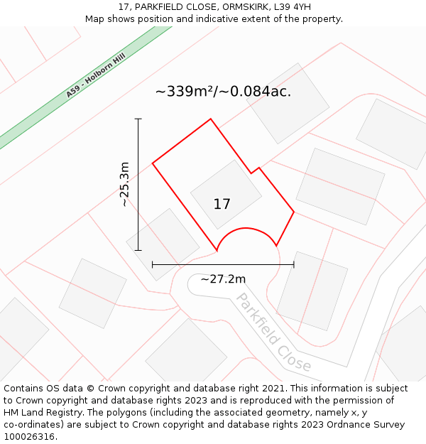 17, PARKFIELD CLOSE, ORMSKIRK, L39 4YH: Plot and title map