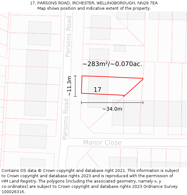 17, PARSONS ROAD, IRCHESTER, WELLINGBOROUGH, NN29 7EA: Plot and title map