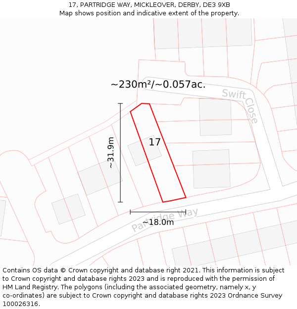 17, PARTRIDGE WAY, MICKLEOVER, DERBY, DE3 9XB: Plot and title map