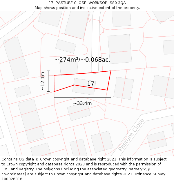 17, PASTURE CLOSE, WORKSOP, S80 3QA: Plot and title map