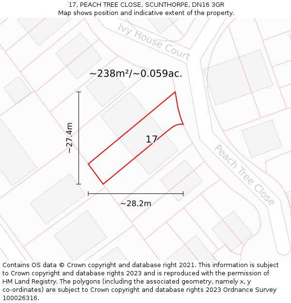17, PEACH TREE CLOSE, SCUNTHORPE, DN16 3GR: Plot and title map