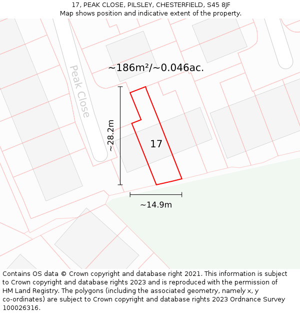 17, PEAK CLOSE, PILSLEY, CHESTERFIELD, S45 8JF: Plot and title map