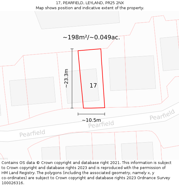17, PEARFIELD, LEYLAND, PR25 2NX: Plot and title map