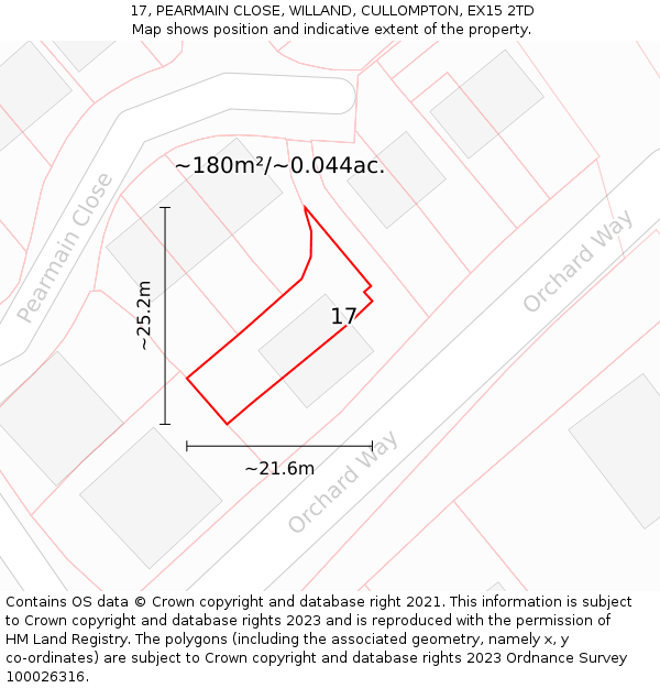 17, PEARMAIN CLOSE, WILLAND, CULLOMPTON, EX15 2TD: Plot and title map