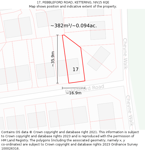 17, PEBBLEFORD ROAD, KETTERING, NN15 6QE: Plot and title map