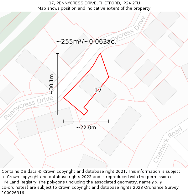 17, PENNYCRESS DRIVE, THETFORD, IP24 2TU: Plot and title map