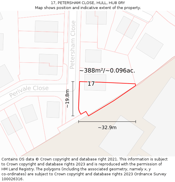 17, PETERSHAM CLOSE, HULL, HU8 0RY: Plot and title map