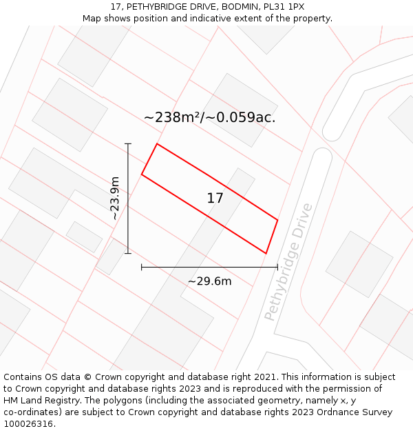 17, PETHYBRIDGE DRIVE, BODMIN, PL31 1PX: Plot and title map