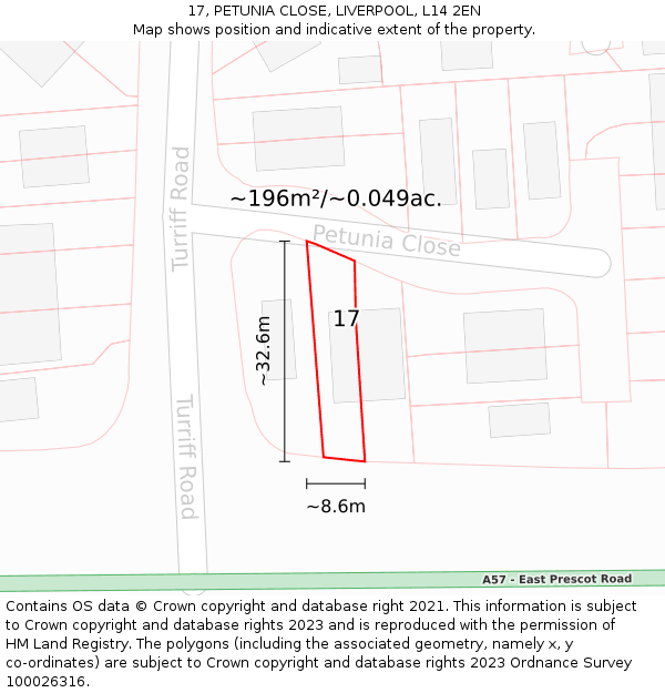 17, PETUNIA CLOSE, LIVERPOOL, L14 2EN: Plot and title map