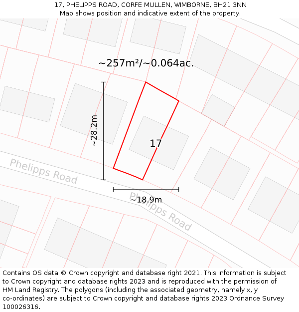 17, PHELIPPS ROAD, CORFE MULLEN, WIMBORNE, BH21 3NN: Plot and title map