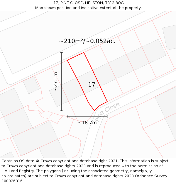 17, PINE CLOSE, HELSTON, TR13 8QG: Plot and title map
