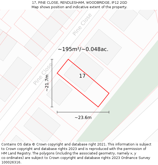 17, PINE CLOSE, RENDLESHAM, WOODBRIDGE, IP12 2GD: Plot and title map