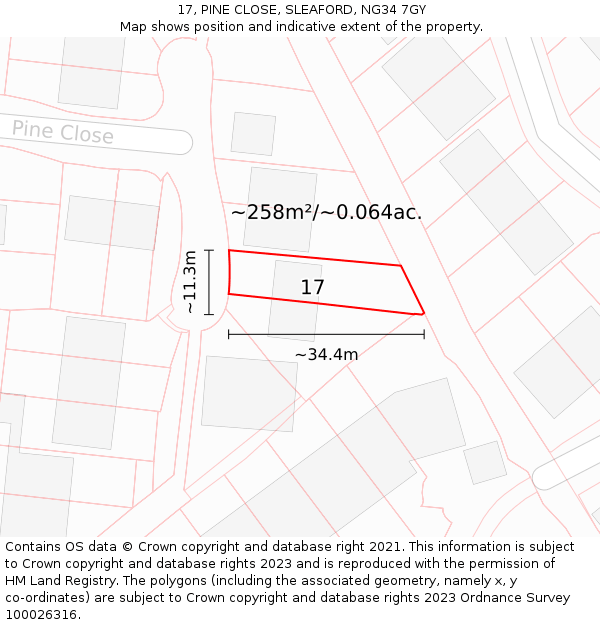 17, PINE CLOSE, SLEAFORD, NG34 7GY: Plot and title map