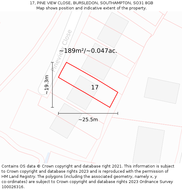 17, PINE VIEW CLOSE, BURSLEDON, SOUTHAMPTON, SO31 8GB: Plot and title map