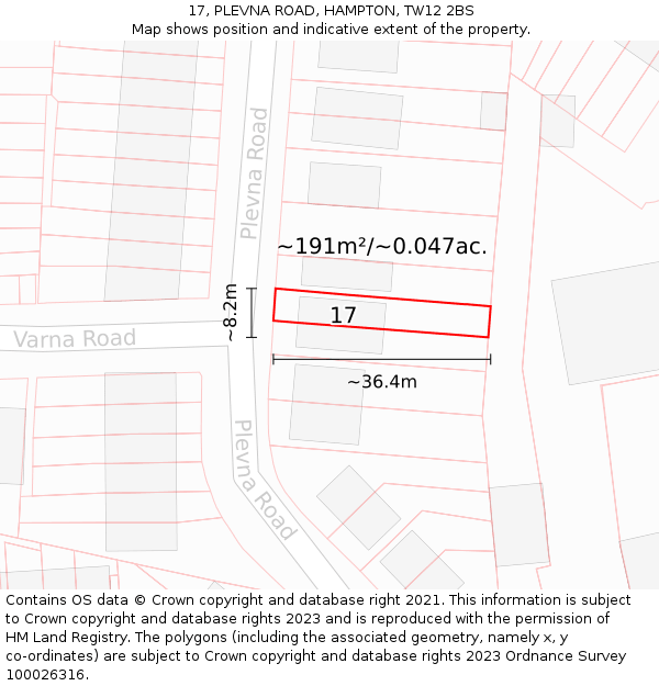 17, PLEVNA ROAD, HAMPTON, TW12 2BS: Plot and title map