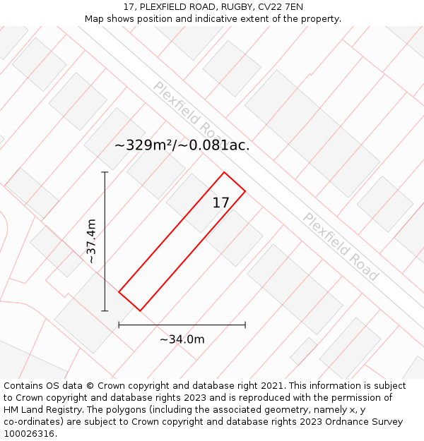 17, PLEXFIELD ROAD, RUGBY, CV22 7EN: Plot and title map
