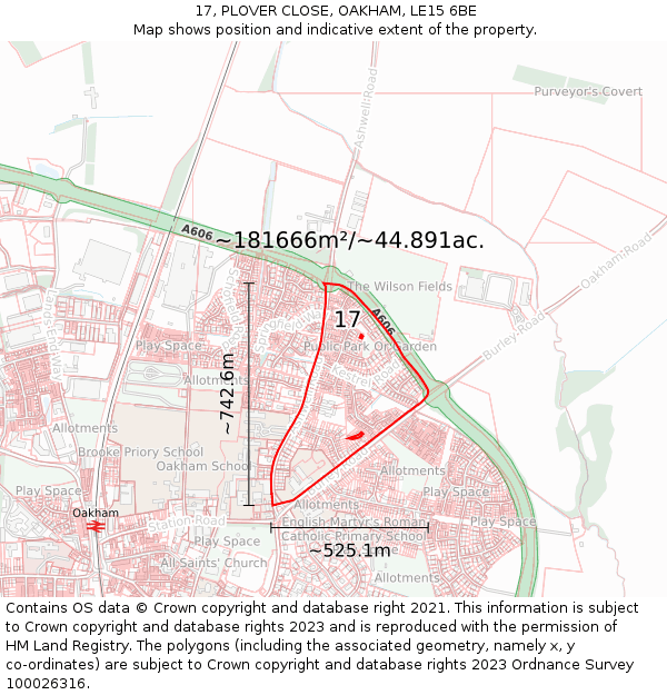 17, PLOVER CLOSE, OAKHAM, LE15 6BE: Plot and title map