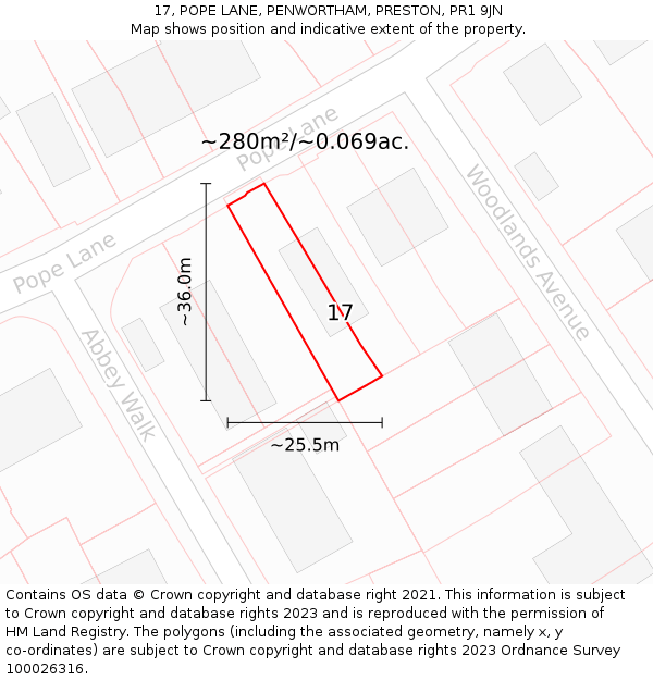 17, POPE LANE, PENWORTHAM, PRESTON, PR1 9JN: Plot and title map