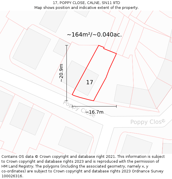 17, POPPY CLOSE, CALNE, SN11 9TD: Plot and title map