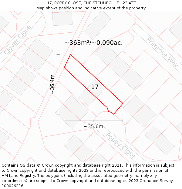 17, POPPY CLOSE, CHRISTCHURCH, BH23 4TZ: Plot and title map