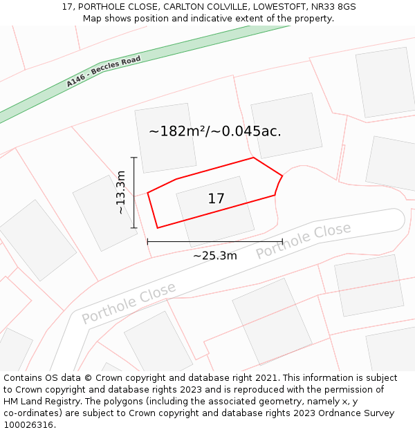 17, PORTHOLE CLOSE, CARLTON COLVILLE, LOWESTOFT, NR33 8GS: Plot and title map