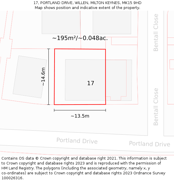 17, PORTLAND DRIVE, WILLEN, MILTON KEYNES, MK15 9HD: Plot and title map