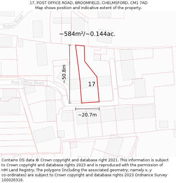 17, POST OFFICE ROAD, BROOMFIELD, CHELMSFORD, CM1 7AD: Plot and title map