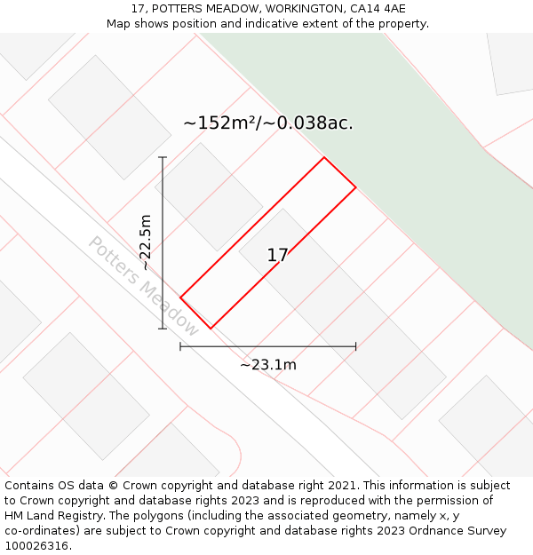 17, POTTERS MEADOW, WORKINGTON, CA14 4AE: Plot and title map