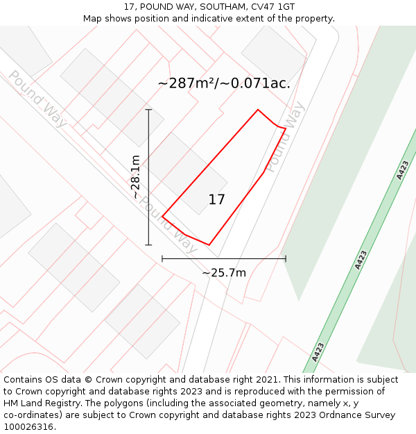 17, POUND WAY, SOUTHAM, CV47 1GT: Plot and title map