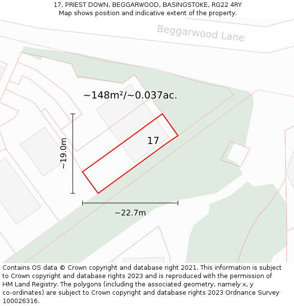 17, PRIEST DOWN, BEGGARWOOD, BASINGSTOKE, RG22 4RY: Plot and title map