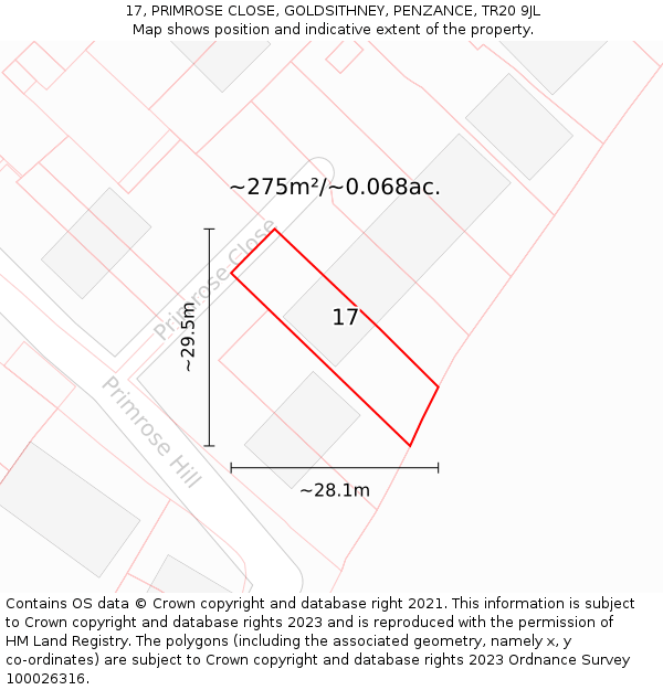 17, PRIMROSE CLOSE, GOLDSITHNEY, PENZANCE, TR20 9JL: Plot and title map