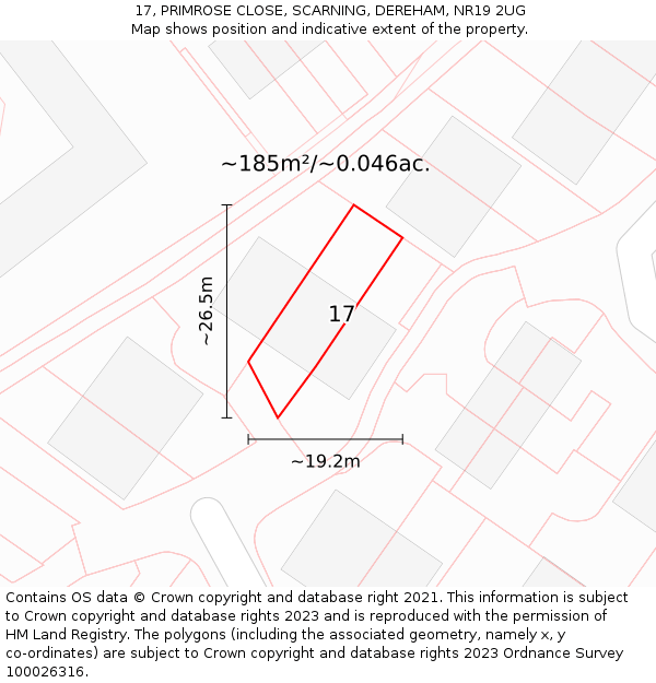 17, PRIMROSE CLOSE, SCARNING, DEREHAM, NR19 2UG: Plot and title map
