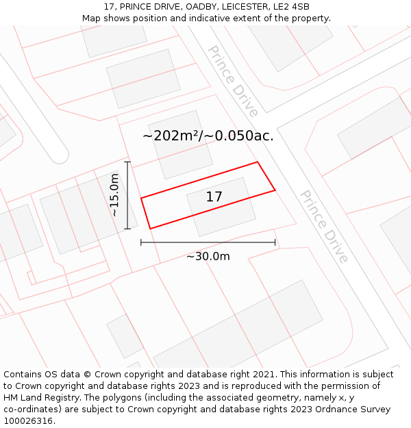 17, PRINCE DRIVE, OADBY, LEICESTER, LE2 4SB: Plot and title map