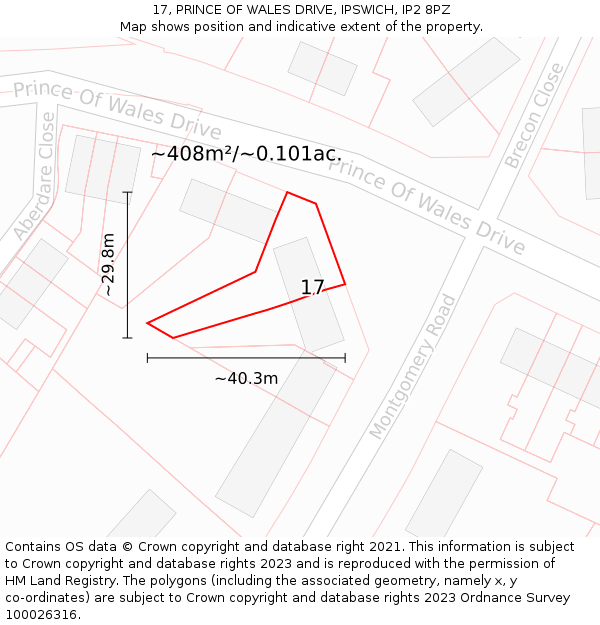 17, PRINCE OF WALES DRIVE, IPSWICH, IP2 8PZ: Plot and title map