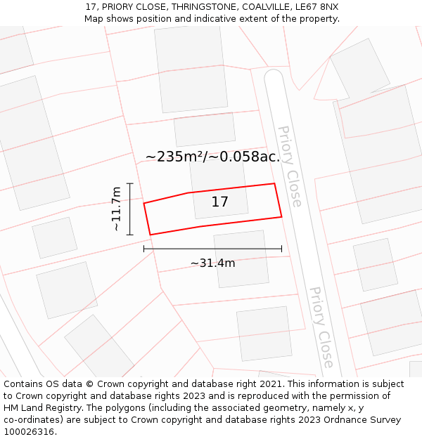 17, PRIORY CLOSE, THRINGSTONE, COALVILLE, LE67 8NX: Plot and title map