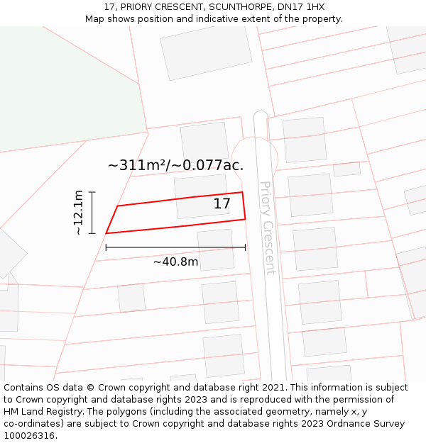 17, PRIORY CRESCENT, SCUNTHORPE, DN17 1HX: Plot and title map